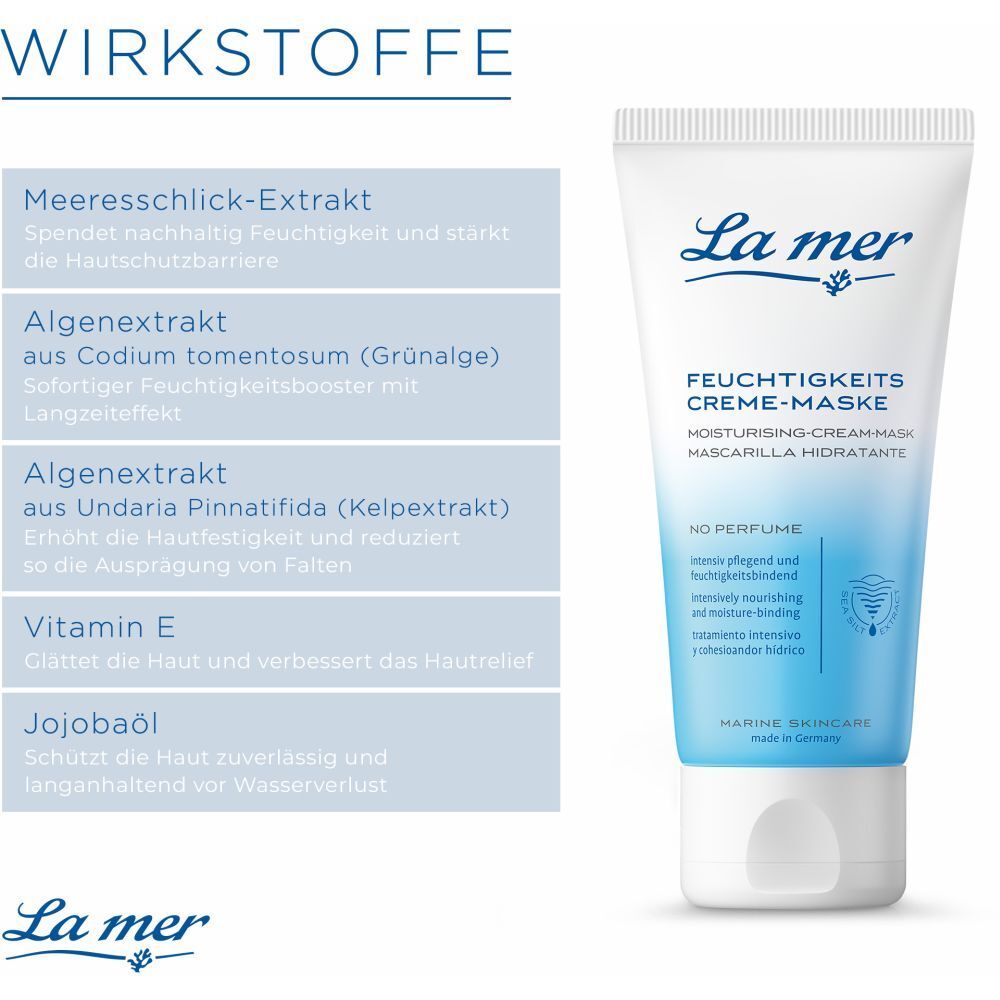 Tube de produit. Texte : La mer, Feuchtigkeitscreme-Maske. Texte : Wirkstoffe. Ingrédients : Meeresschlick-Extrakt, Algenextrakt, Vitamin E.