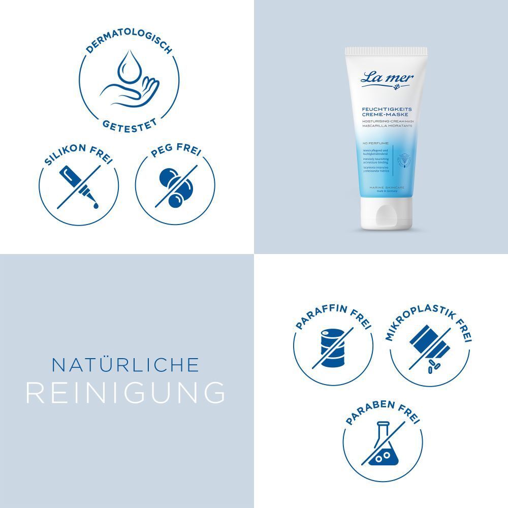 Tube de produit. Texte : La mer, Feuchtigkeitscreme-Maske. Logos : Dermatologisch getestet, Silikon frei, PEG frei.