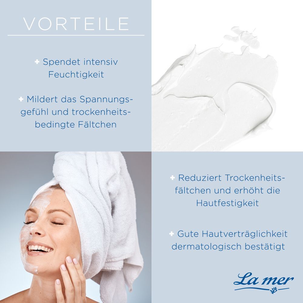 Femme avec masque sur le visage. Goutte de crème. Texte : Vorteile. Hydrate, réduit les rides, augmente la fermeté.