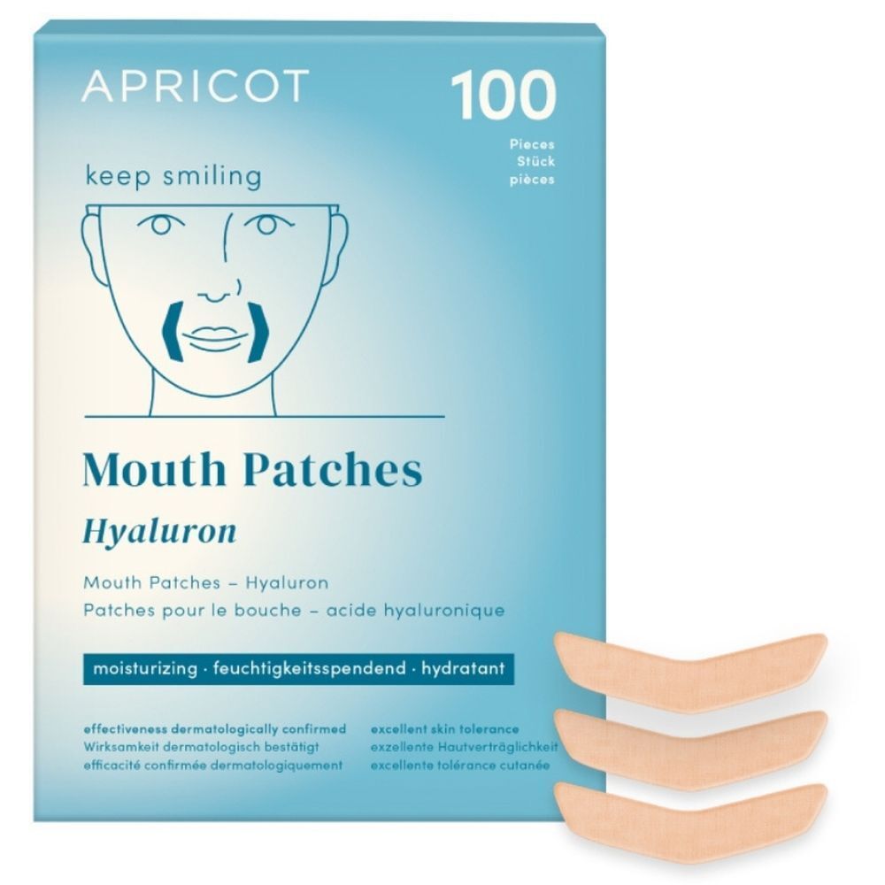 Boîte bleu clair avec APRICOT, Mouth Patches, Hyaluron. 100 pièces. Trois patchs beiges en dessous.