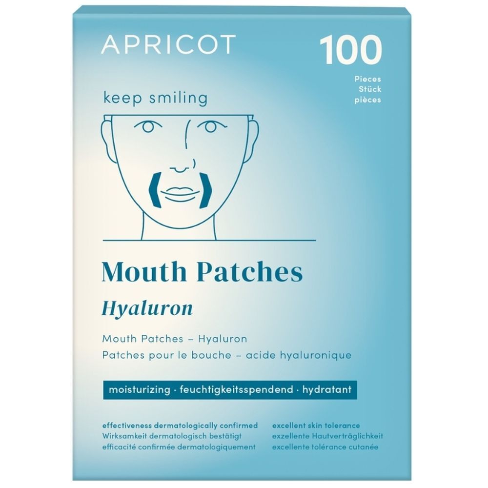 Boîte bleu clair avec APRICOT, Mouth Patches, Hyaluron. 100 pièces. Texte et dessin de bouche.