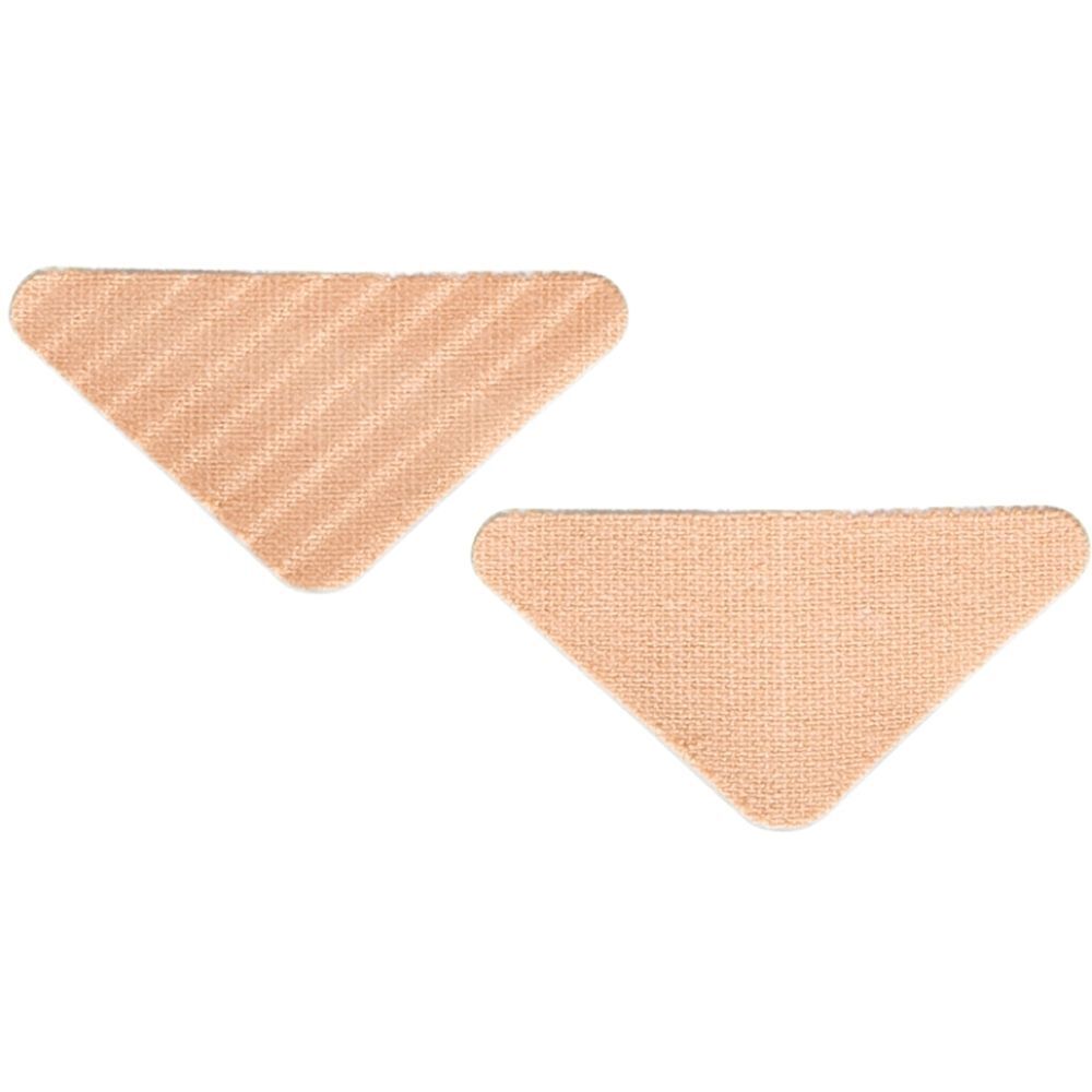 Twee driehoekige, beige patches. Eén heeft fijne lijnen.