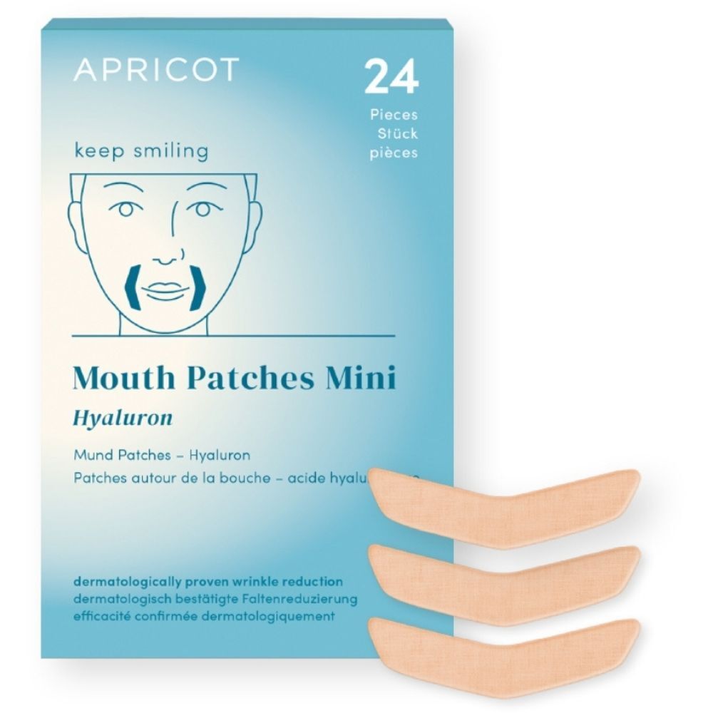 Drie beige mondpatches naast een verpakking. Verpakking met opschrift APRICOT, 24 stuks, Mouth Patches Mini Hyaluron.