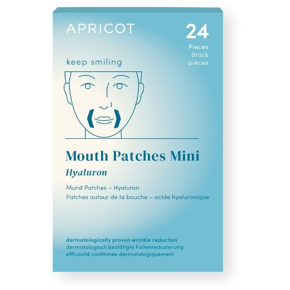 Verpakking met opschrift APRICOT, 24 stuks, Mouth Patches Mini Hyaluron. Op de verpakking staat een gezicht met patches afgebeeld.