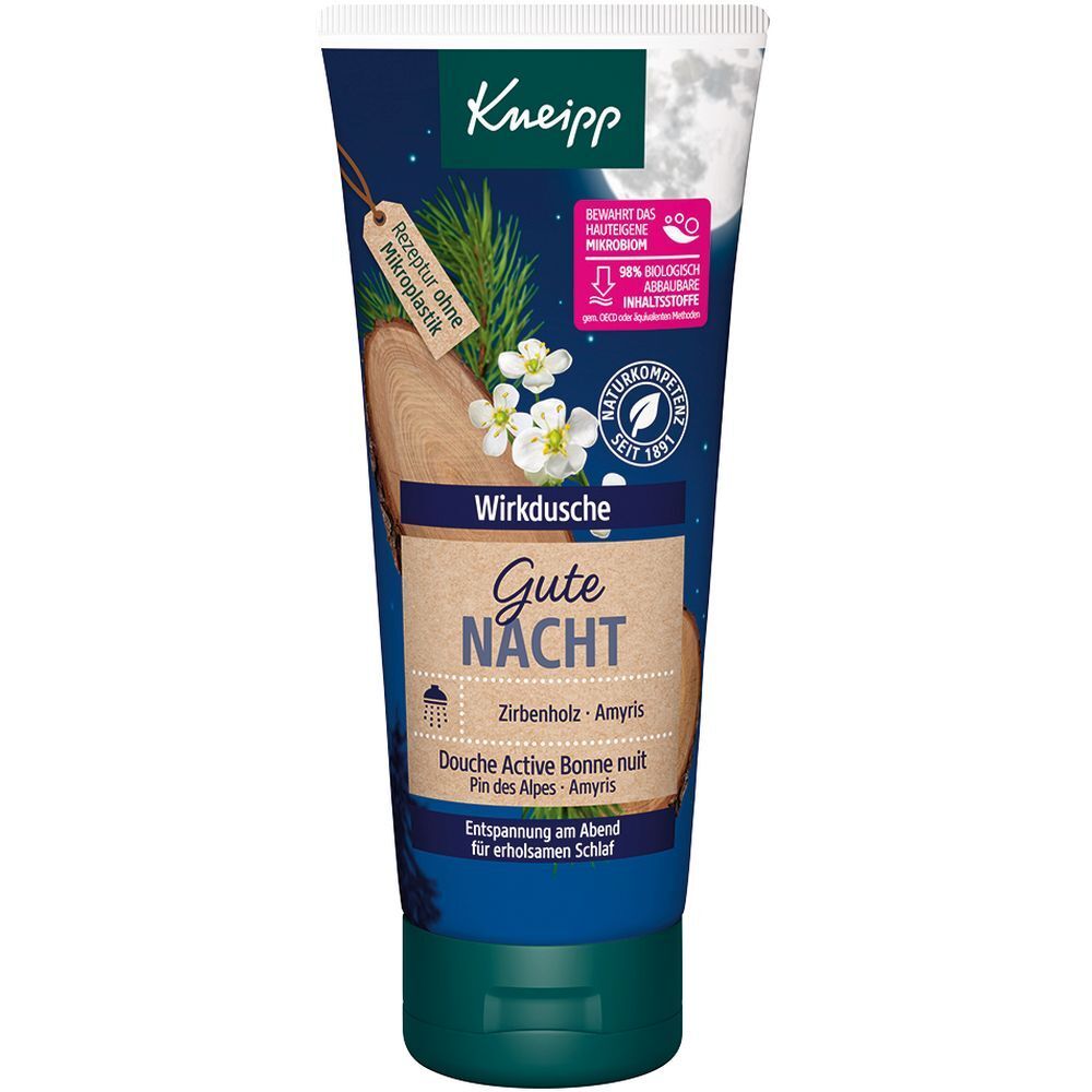 Kneipp® Wirkdusche Gute Nacht. Tube met groene dop. Bedrukt met productnaam, Zirbenholz-Amyris en illustraties.