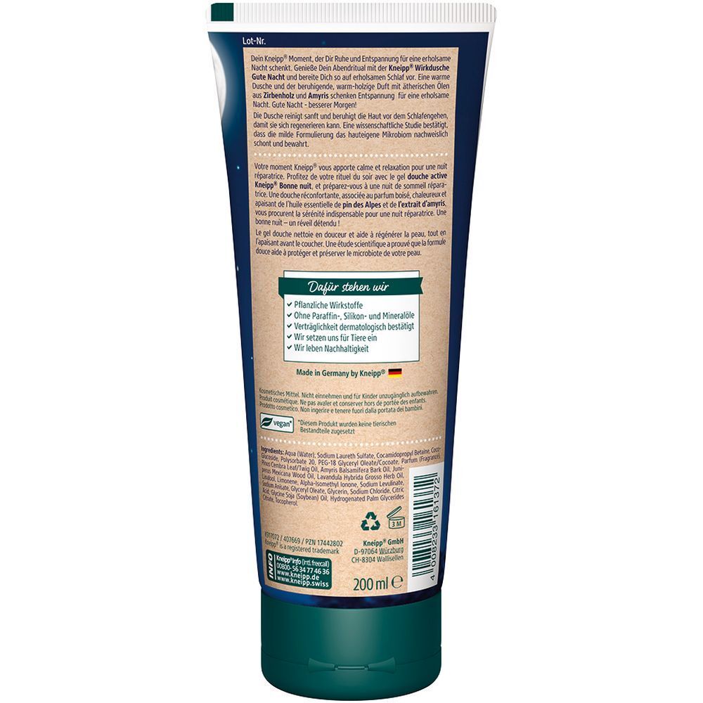 Achterkant van de Kneipp® Wirkdusche Gute Nacht tube. Tekst in het Duits en Frans. Ingrediënten en fabrikantinfo.