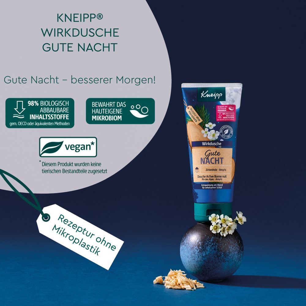 Kneipp® Wirkdusche Gute Nacht. Tube met houten label en bloemen. Tekst: 98% biologisch afbreekbare ingrediënten, vegan.