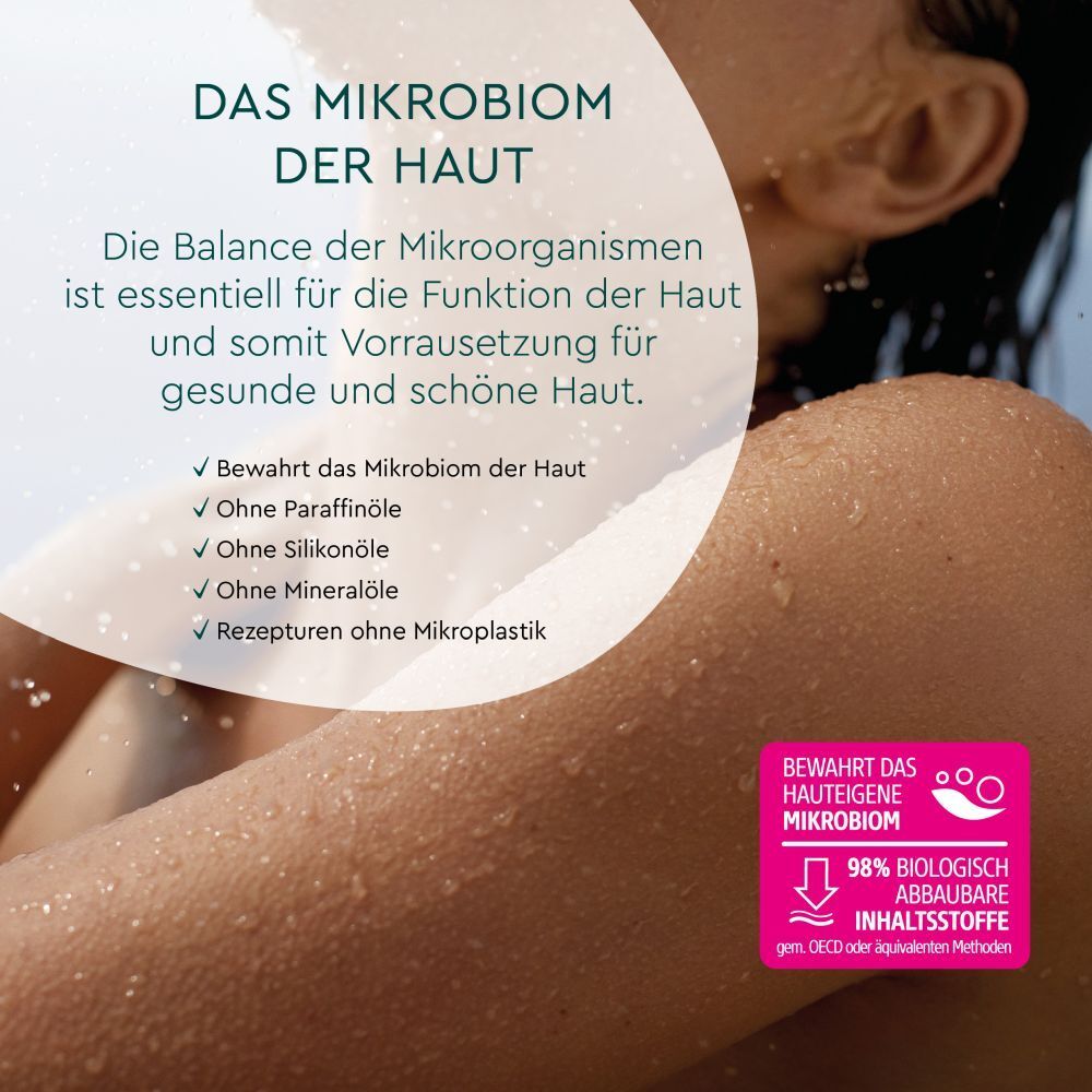 Tekst: Het microbioom van de huid. Illustratie van een vrouw. Tekst: Behoudt de huideigen microbioom, zonder paraffines, siliconen, minerale oliën.