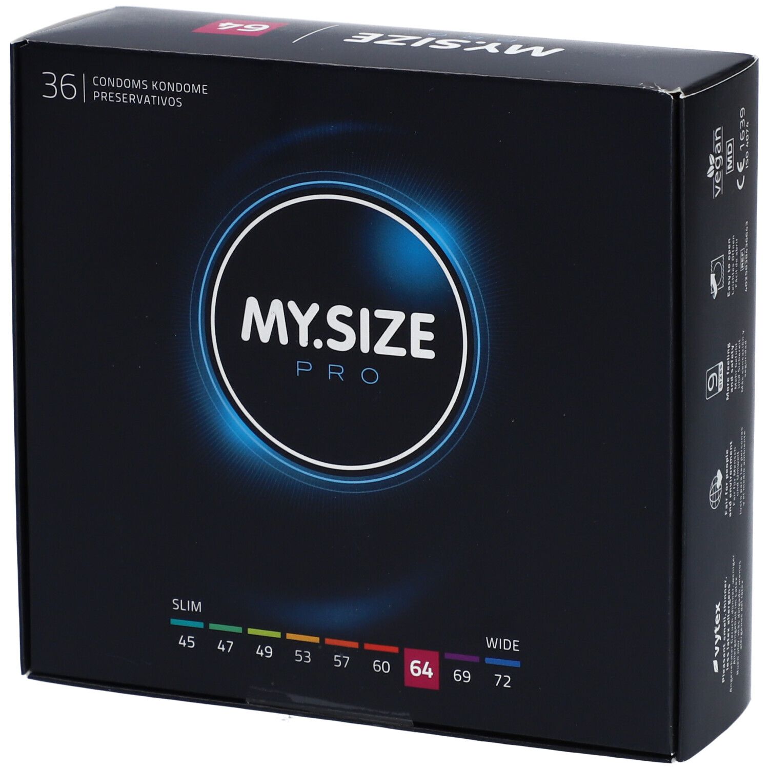 Zwarte doos met MY.SIZE PRO logo. 36 condooms, maat 64. Maten van 45 tot 72.