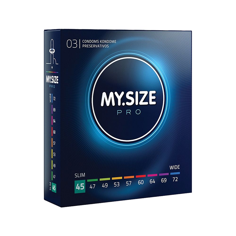 Emballage avec informations produit. Inscription : MY.SIZE PRO, tailles de 45 à 72 mm. Fond noir avec effet de lumière bleu.