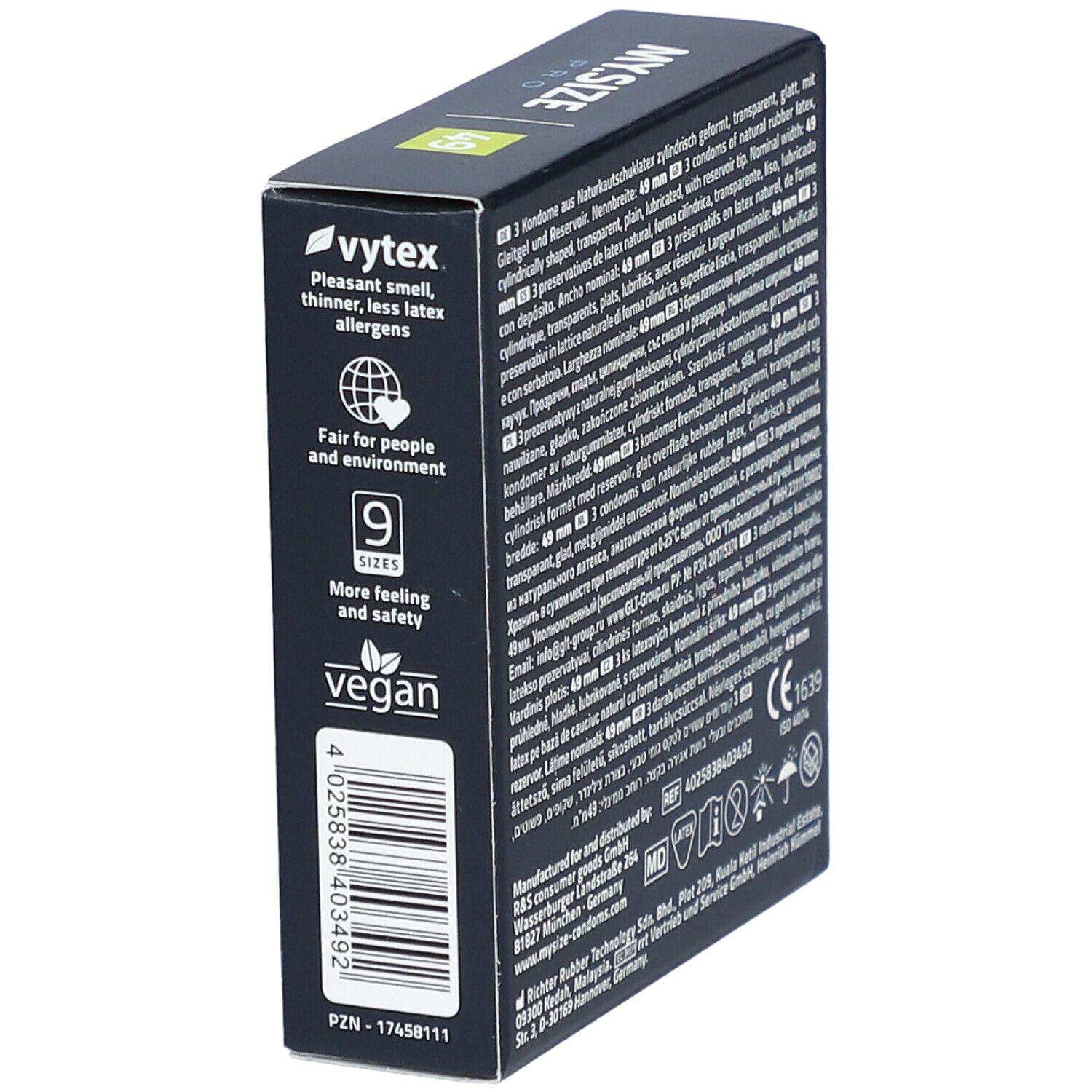 Boîte noire MY.SIZE PRO, vue latérale. Logo vytex, 9 tailles, vegan. Informations environnementales et de sécurité.
