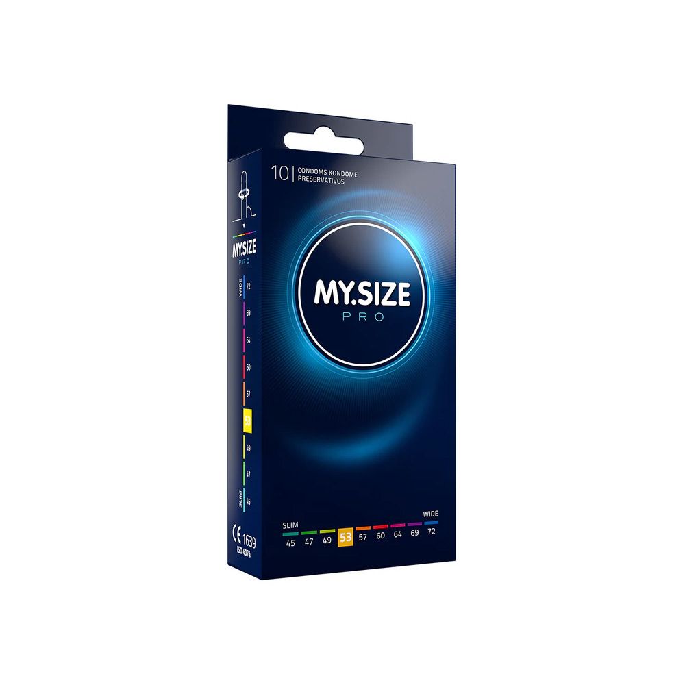 Doosje MY.SIZE PRO condooms. Blauwe verpakking met maten. 10 condooms, maat 53 mm.