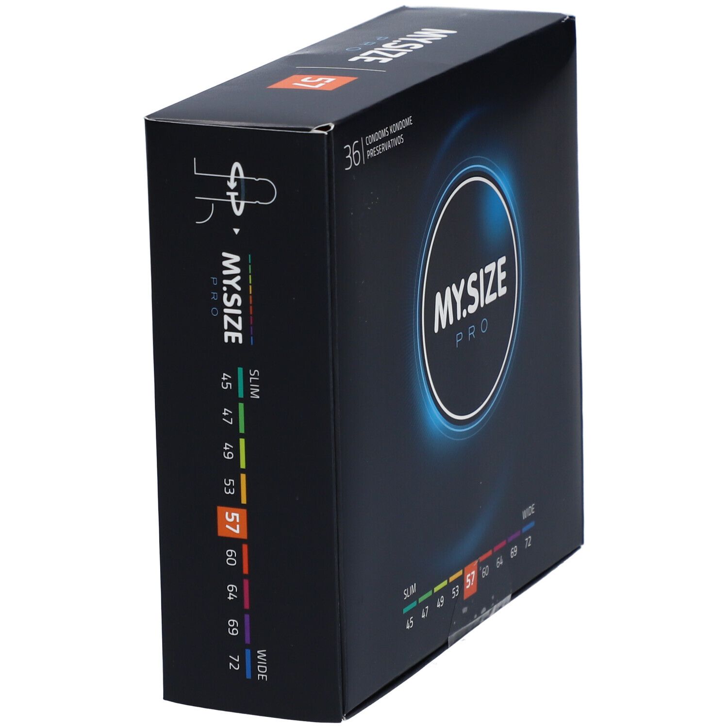 Boîte noire MY.SIZE PRO, taille 57 en évidence. 36 préservatifs. Indications de taille colorées.