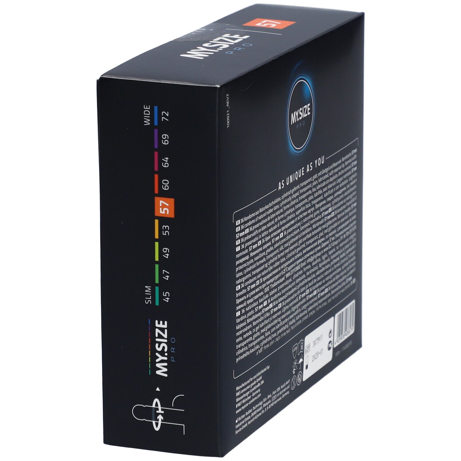 Boîte noire MY.SIZE PRO, taille 57 en évidence. Texte au dos. Indications de taille colorées.