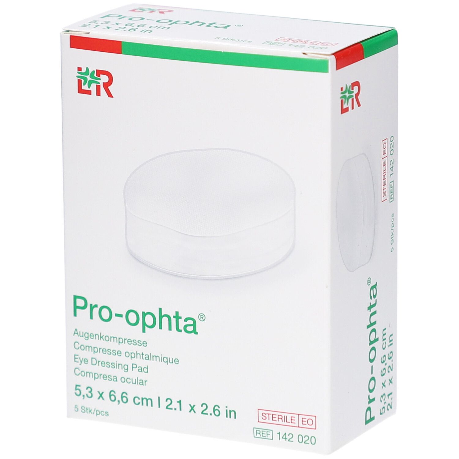Boîte de compresses ophtalmiques Pro-ophta. Carton blanc avec accents verts et rouges. Nom du produit et dimensions visibles.