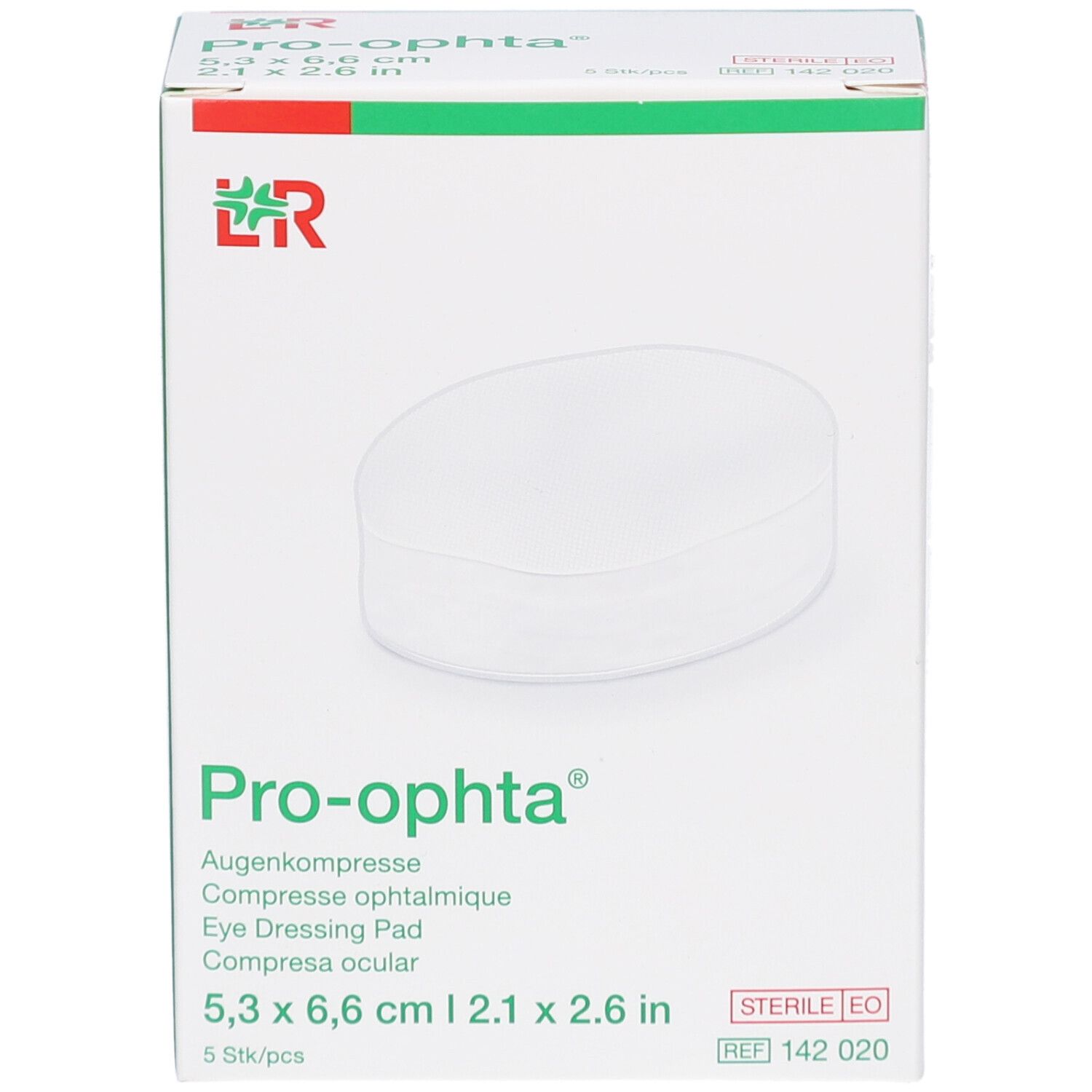 Boîte de compresses ophtalmiques Pro-ophta. Carton blanc avec accents verts et rouges. Nom du produit et dimensions visibles.