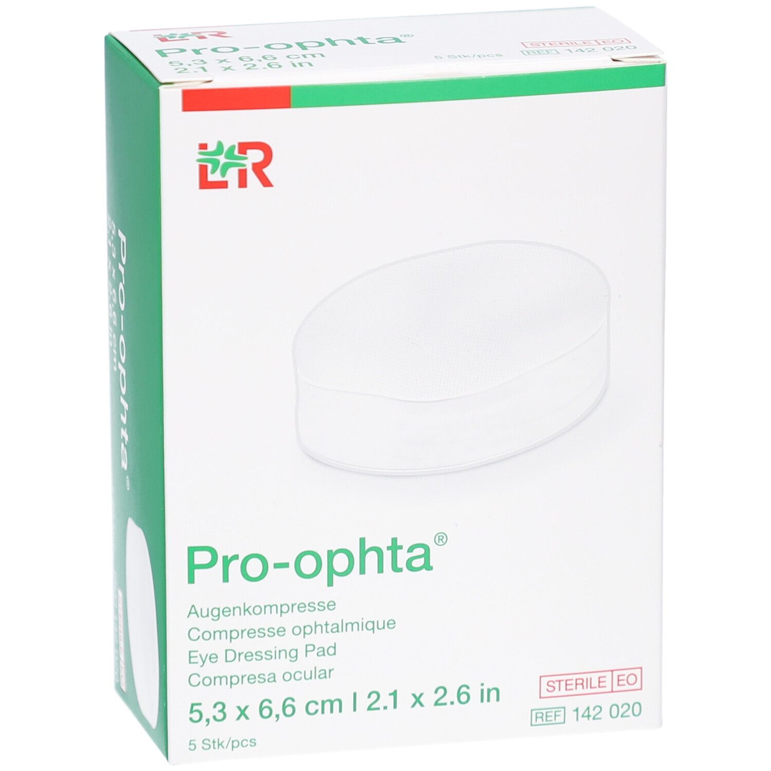 Boîte de compresses ophtalmiques Pro-ophta. Carton blanc avec accents verts et rouges. Nom du produit et dimensions visibles.