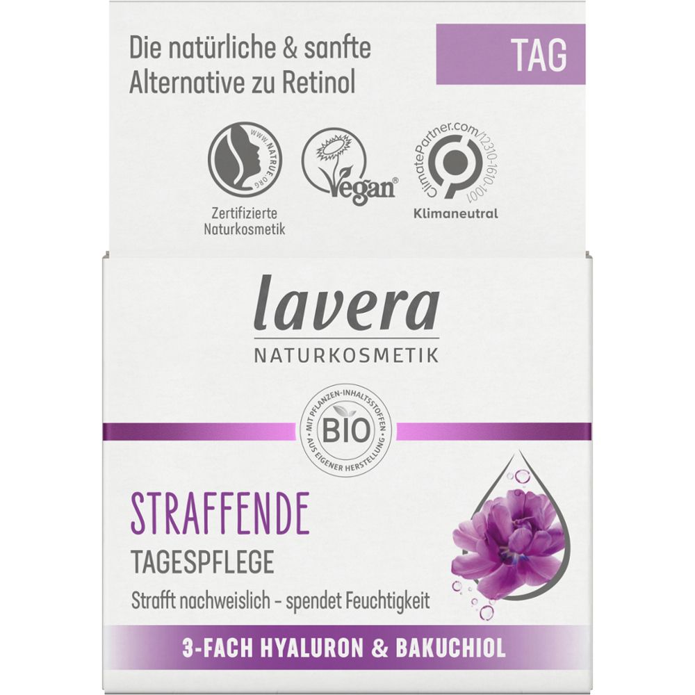 Boîte avec inscription : Straffende Tagespflege, 3-fach Hyaluron & Bakuchiol. Label Bio, logo Vegan, neutre en carbone.