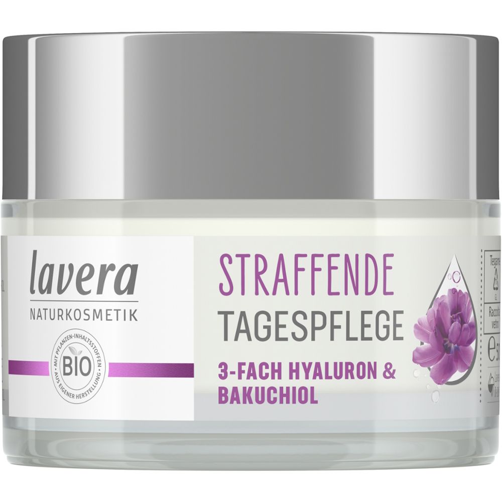 Pot de crème avec couvercle argenté. Inscription : Straffende Tagespflege, 3-fach Hyaluron & Bakuchiol. Label Bio.