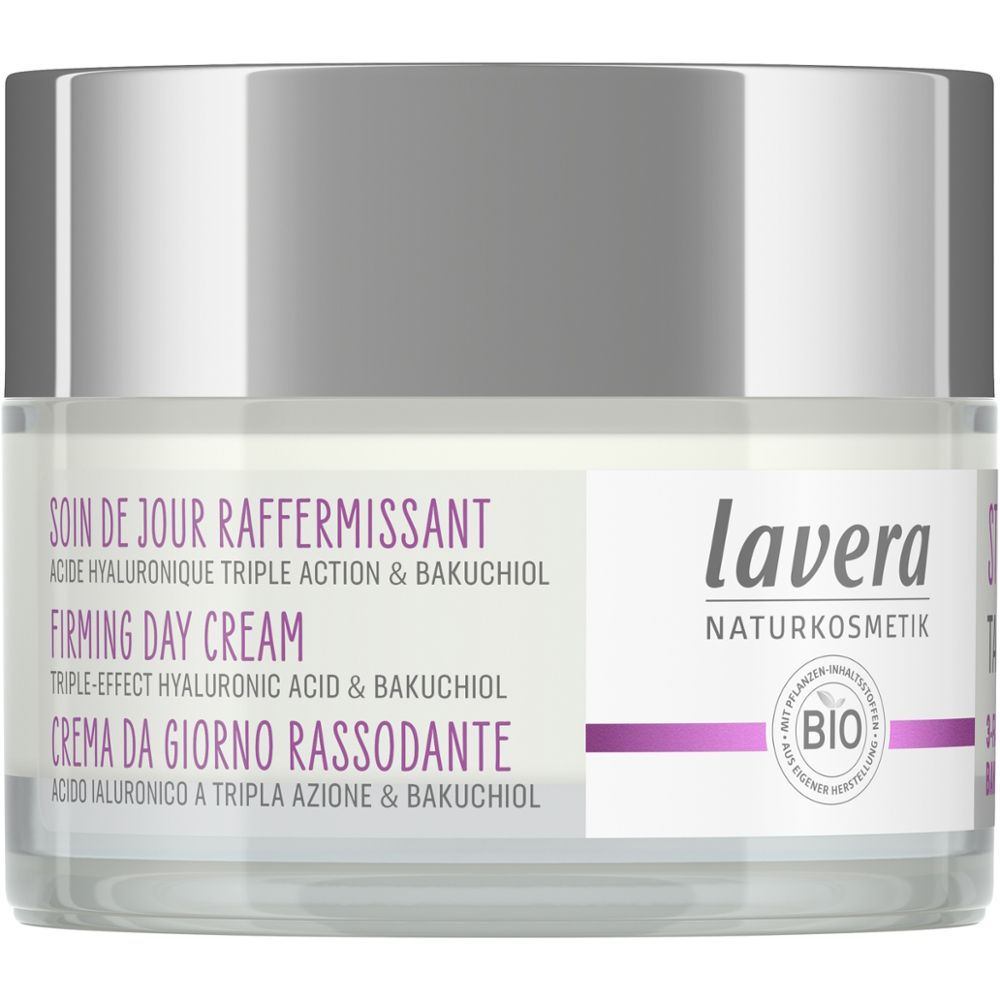Pot de crème avec couvercle argenté. Inscription : Firming Day Cream, 3-fach Hyaluron & Bakuchiol. Label Bio.