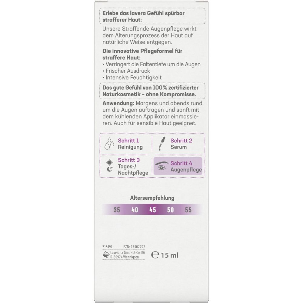 Dos de l'emballage de la crème pour les yeux. Texte avec informations, utilisation et recommandation d'âge.