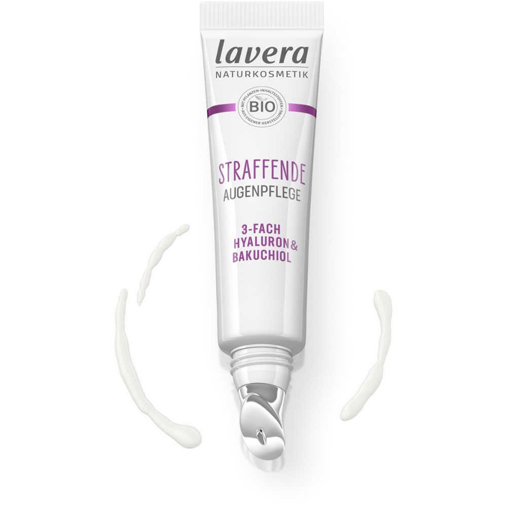 Tube de crème pour les yeux avec applicateur. Tube blanc avec nom du produit et sortie de crème.