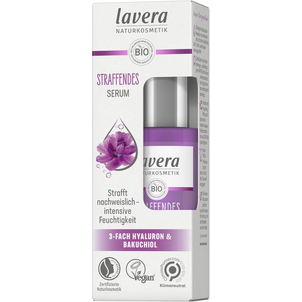 Sérum raffermissant Lavera en boîte. Flacon violet, texte blanc et motif floral violet.