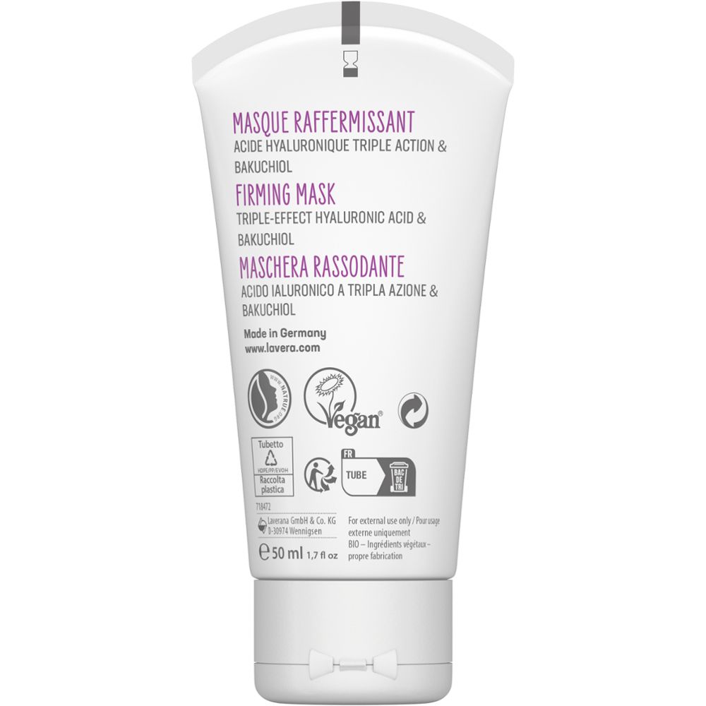 Dos du tube Lavera Masque raffermissant à l'acide hyaluronique. Texte en allemand, anglais et italien. Label vegan. 50 ml.