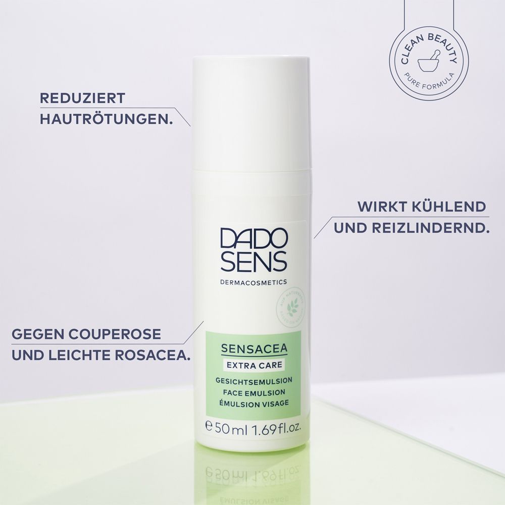 Flacon blanc avec logo DADO SENS et nom du produit SENSACEA EXTRA CARE. Texte : Effet rafraîchissant et apaisant.