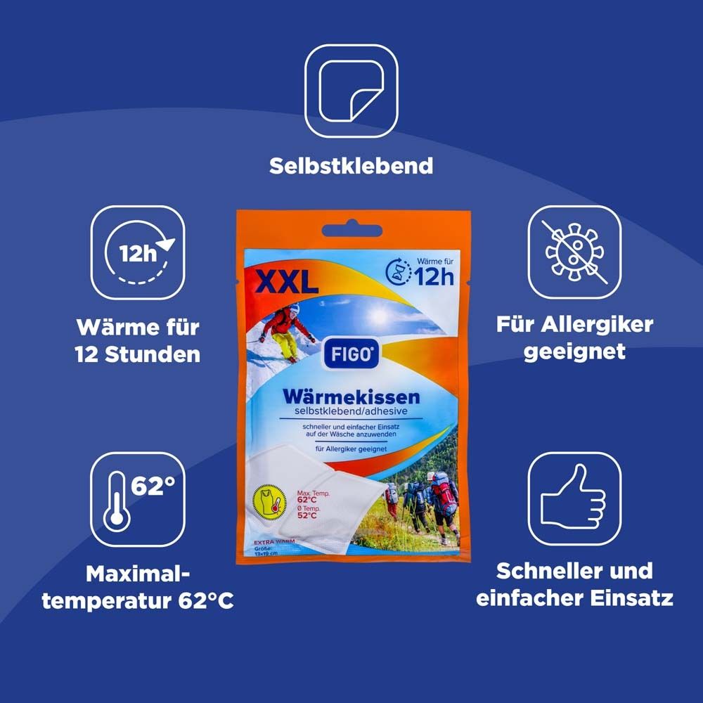 Graphique avec icônes et emballage de coussin chauffant FIGO. Icônes : 12h de chaleur, autocollant, convient aux allergiques, température maximale 62°C, utilisation rapide.