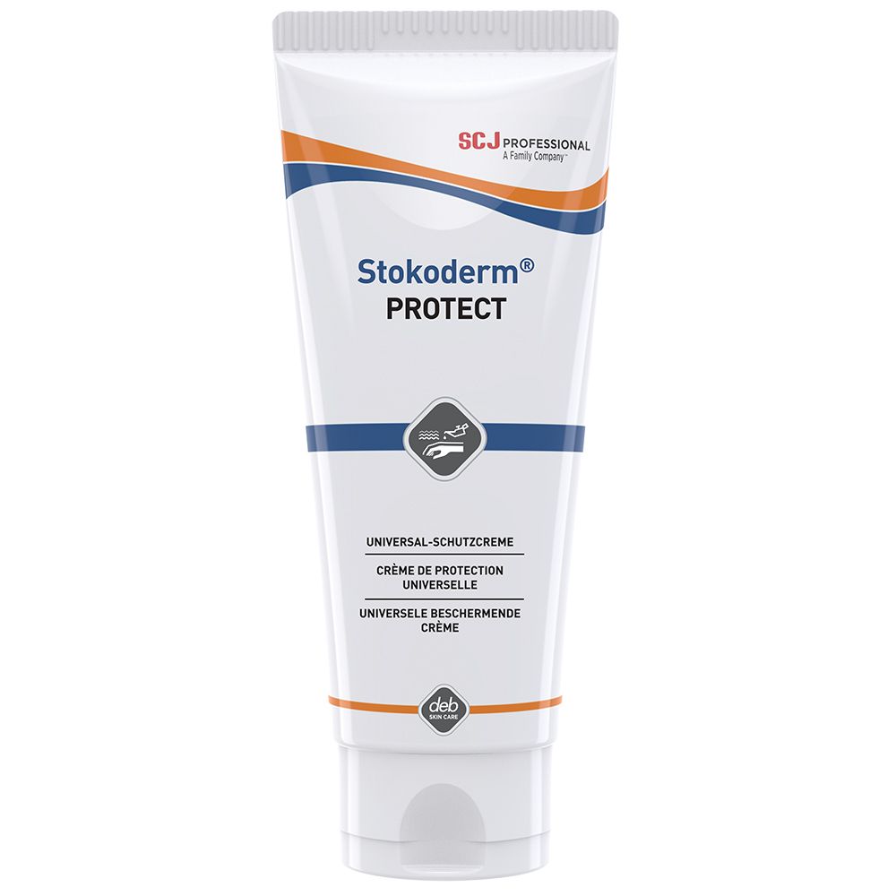 Witte tube met oranje en blauwe strepen. Opschrift: Stokoderm® PROTECT. Tekst: Universele beschermende crème.