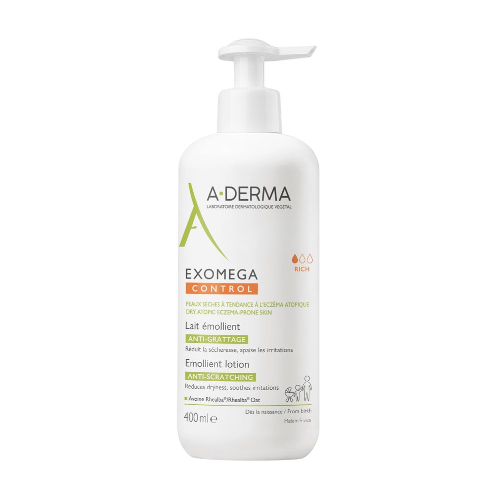 Flacon blanc avec pompe. A-DERMA EXOMEGA CONTROL, 400ml. Texte: Lait émollient, Anti-Grattage. Certification écologique.