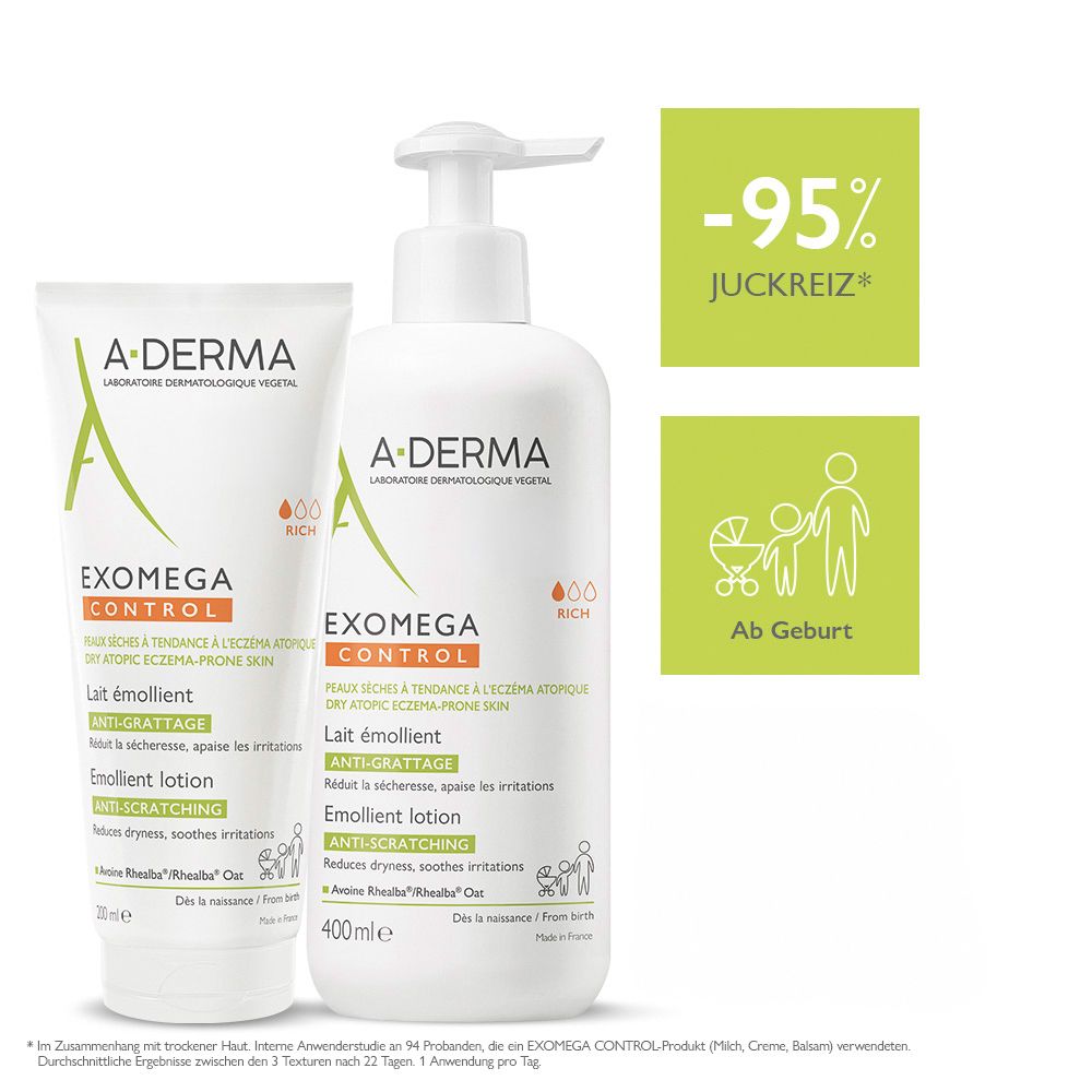 Deux produits: flacon et tube. A-DERMA EXOMEGA CONTROL. Texte: Lait émollient, Anti-Grattage. Éco-certification. Dès la naissance.