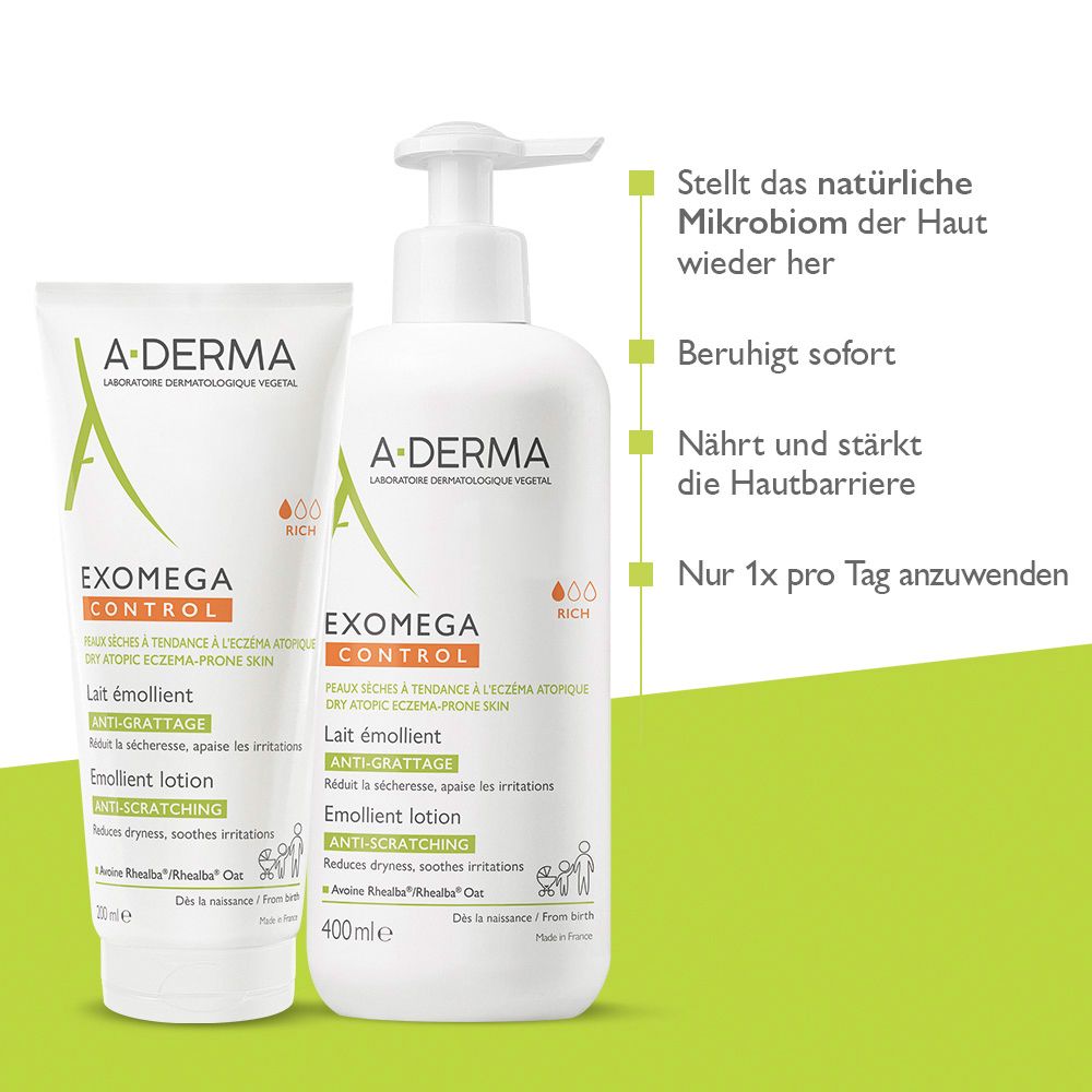 Flacon et tube. A-DERMA EXOMEGA CONTROL. Texte: Lait émollient, Anti-Grattage. Restaure le microbiome. Apaise immédiatement.