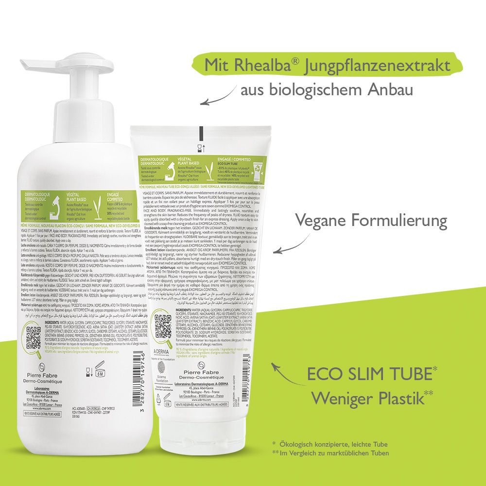 Dos du flacon et du tube. A-DERMA EXOMEGA CONTROL. Texte et code QR. Formule vegan. Tube éco-mince.
