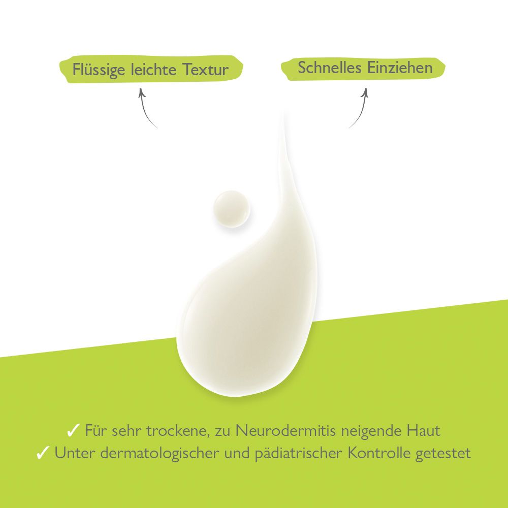 Échantillon de produit. Texture liquide. Absorption rapide. Pour peaux sèches à tendance eczéma. Testé dermatologiquement.
