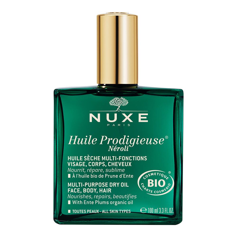 Huile Prodigieuse Néroli Nuxe, huile sèche multi-fonctions. Flacon vert, bouchon doré. 100ml.