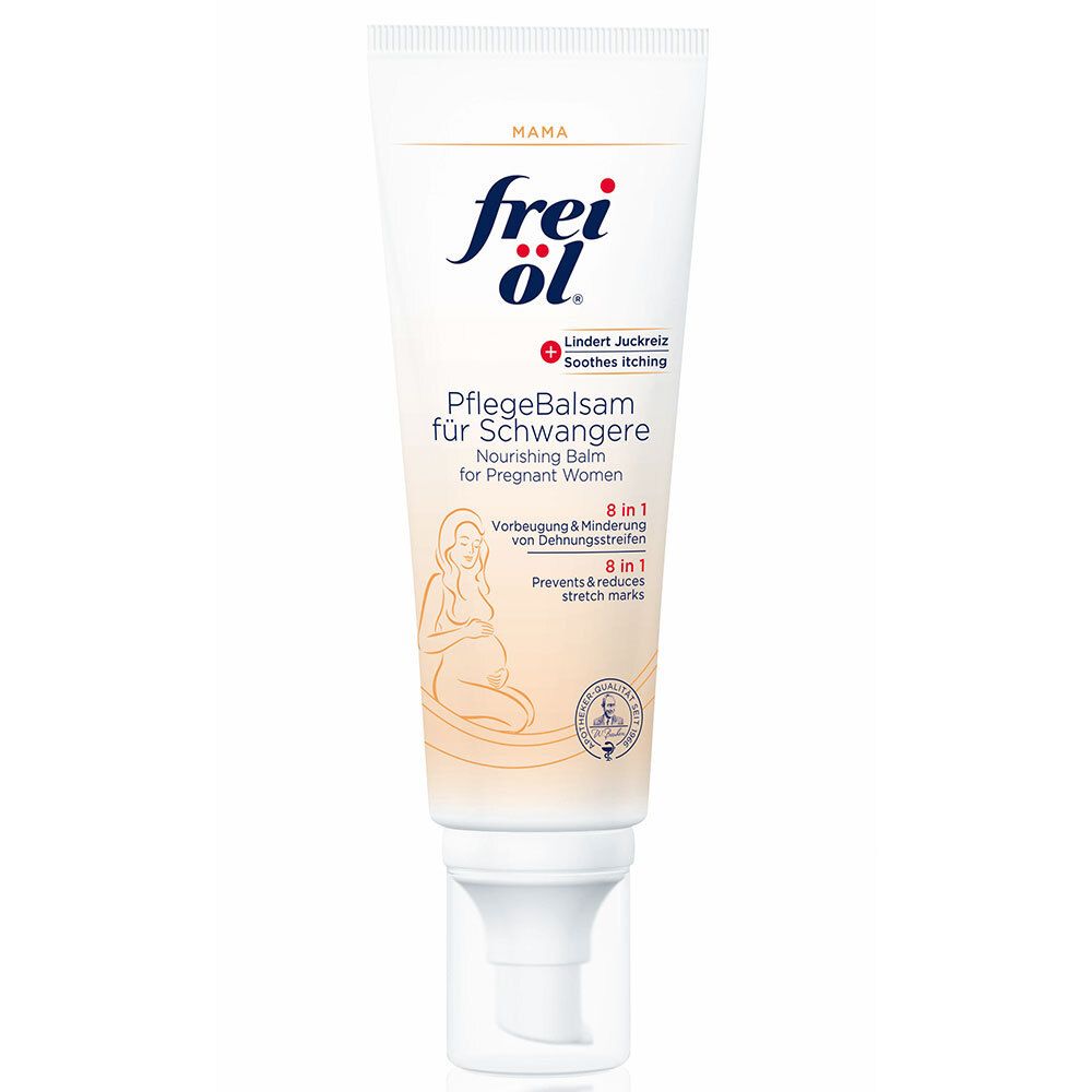 Frei Öl Baume de soin pour femmes enceintes. Tube blanc avec distributeur. Soulage les démangeaisons, réduit les vergetures.