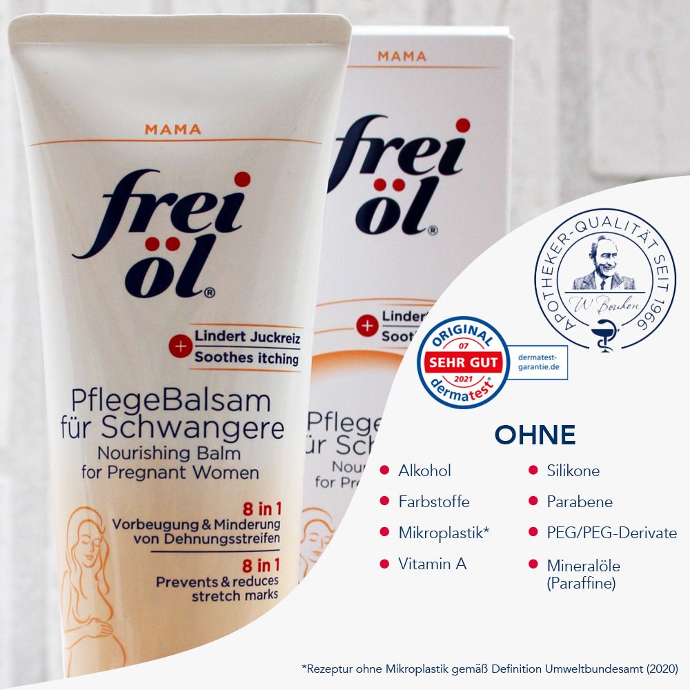 Frei Öl Baume de soin pour femmes enceintes. Tube et emballage. Sans alcool, silicones, parabènes, microplastiques.