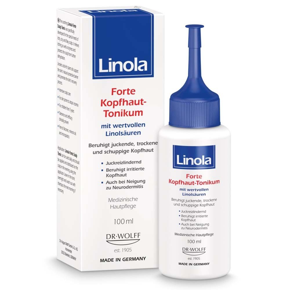 Fles en doos Linola Forte Hoofdhuid-Tonikum, 100ml.