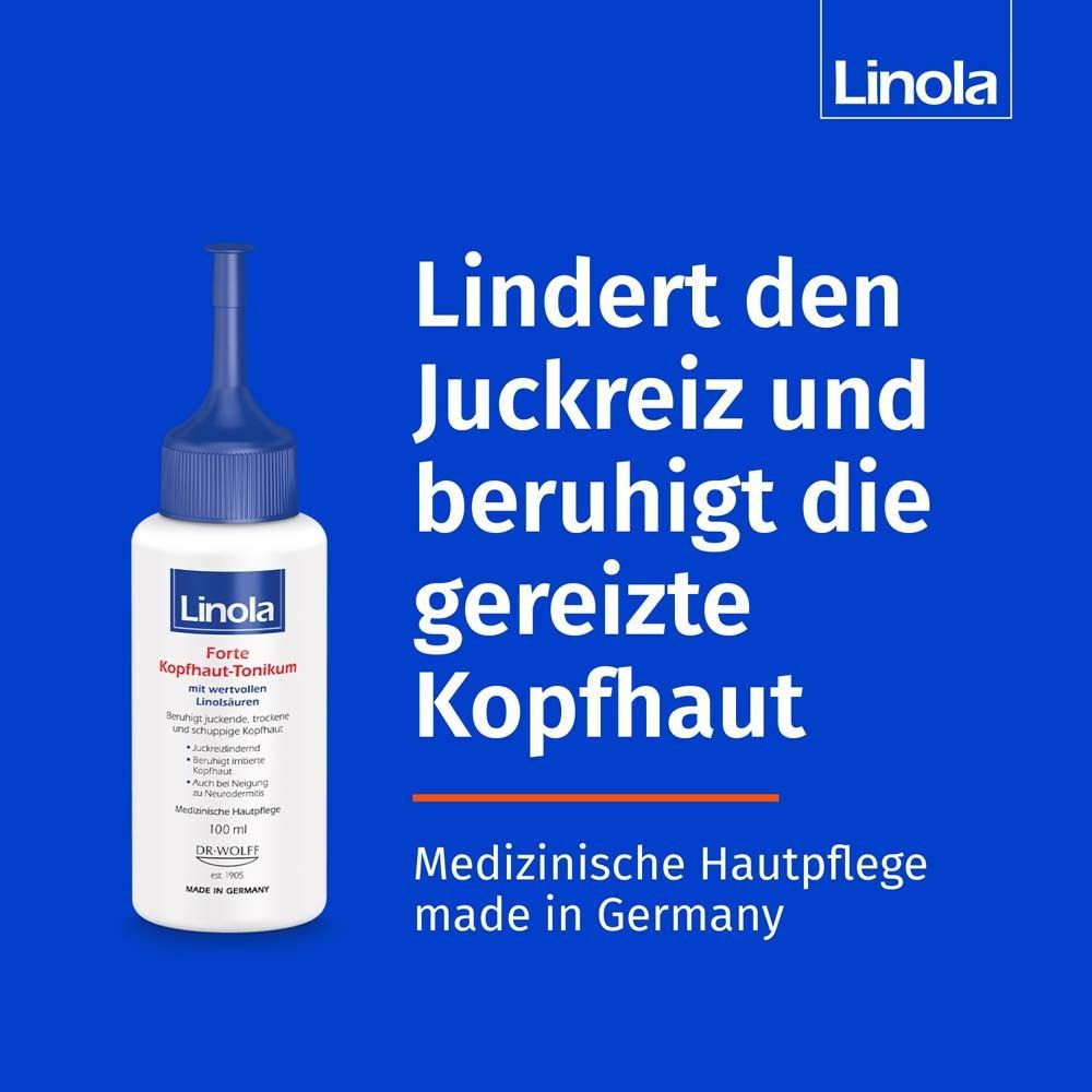 Fles Linola Forte Hoofdhuid-Tonikum op blauwe achtergrond met tekst.