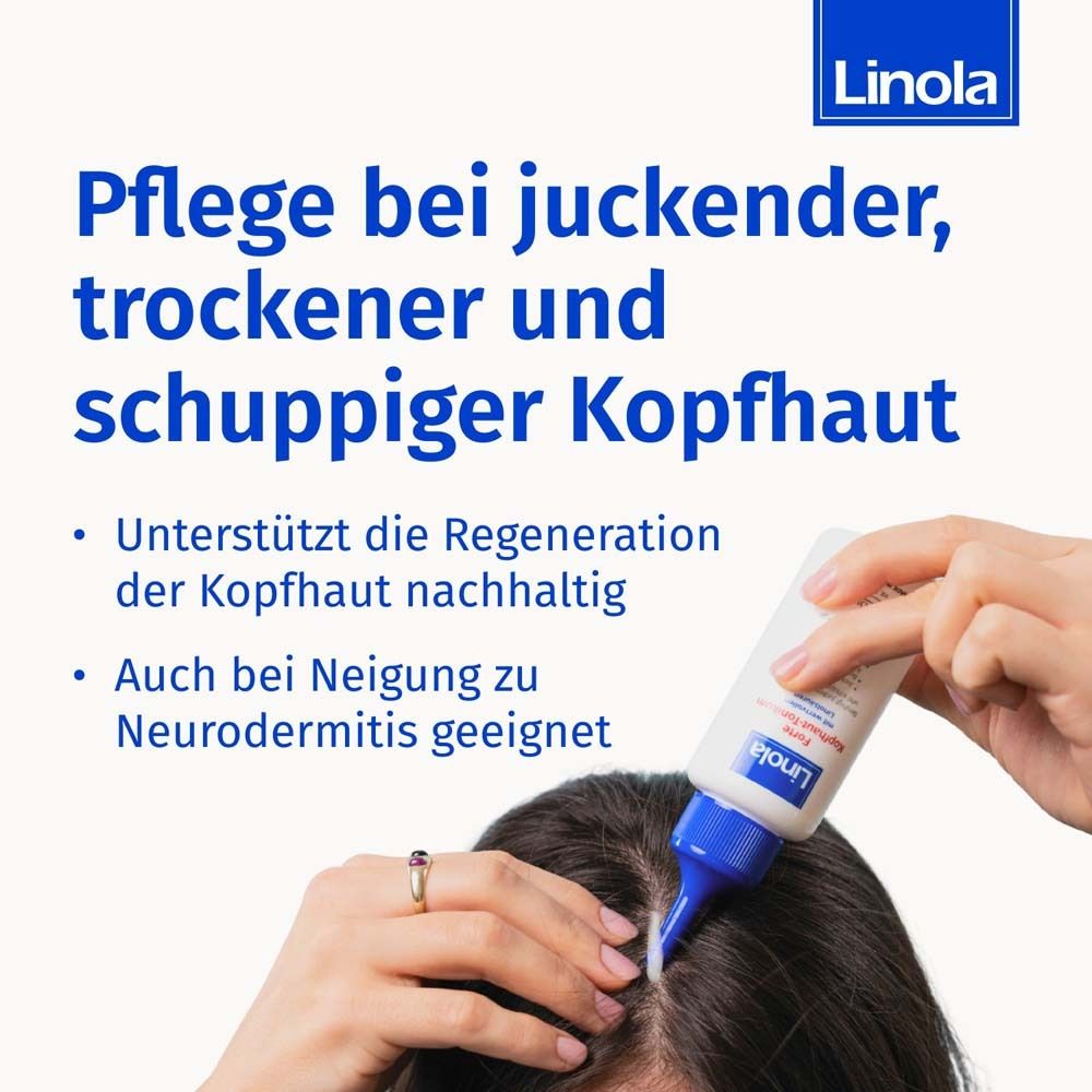Toepassing van Linola Forte Hoofdhuid-Tonikum op de hoofdhuid.