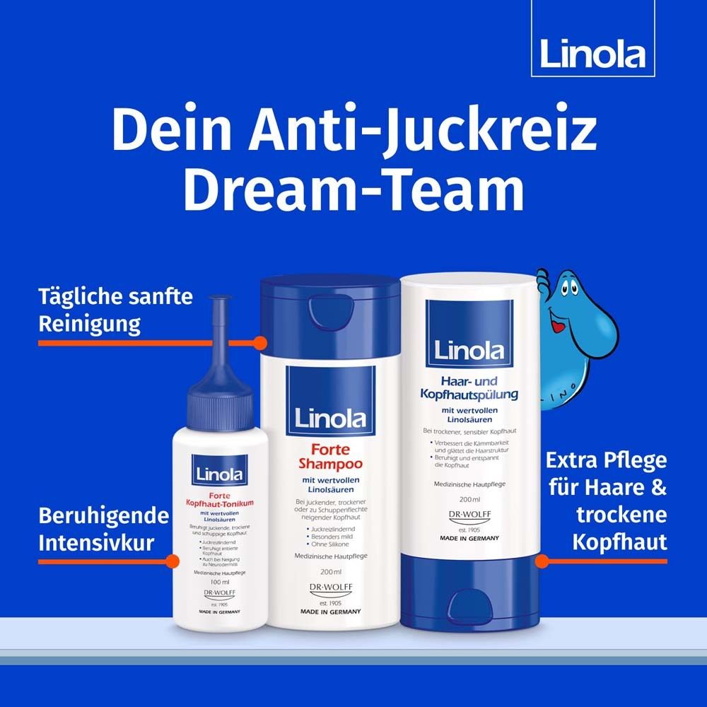 Linola Forte productlijn: Shampoo, Tonikum en Conditioner voor droge hoofdhuid.