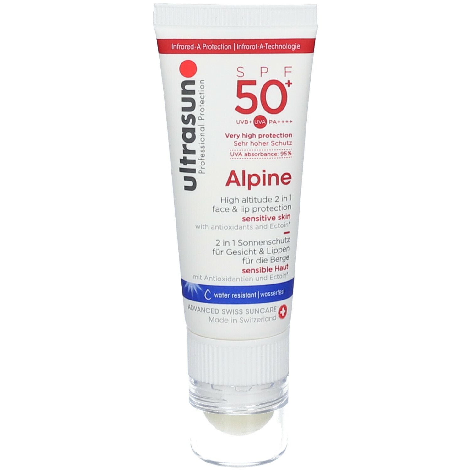 Zonnecrèmetube met roll-on applicator. Merk: ultrasun. SPF 50+. Alpine. Voor gezicht & lippen.