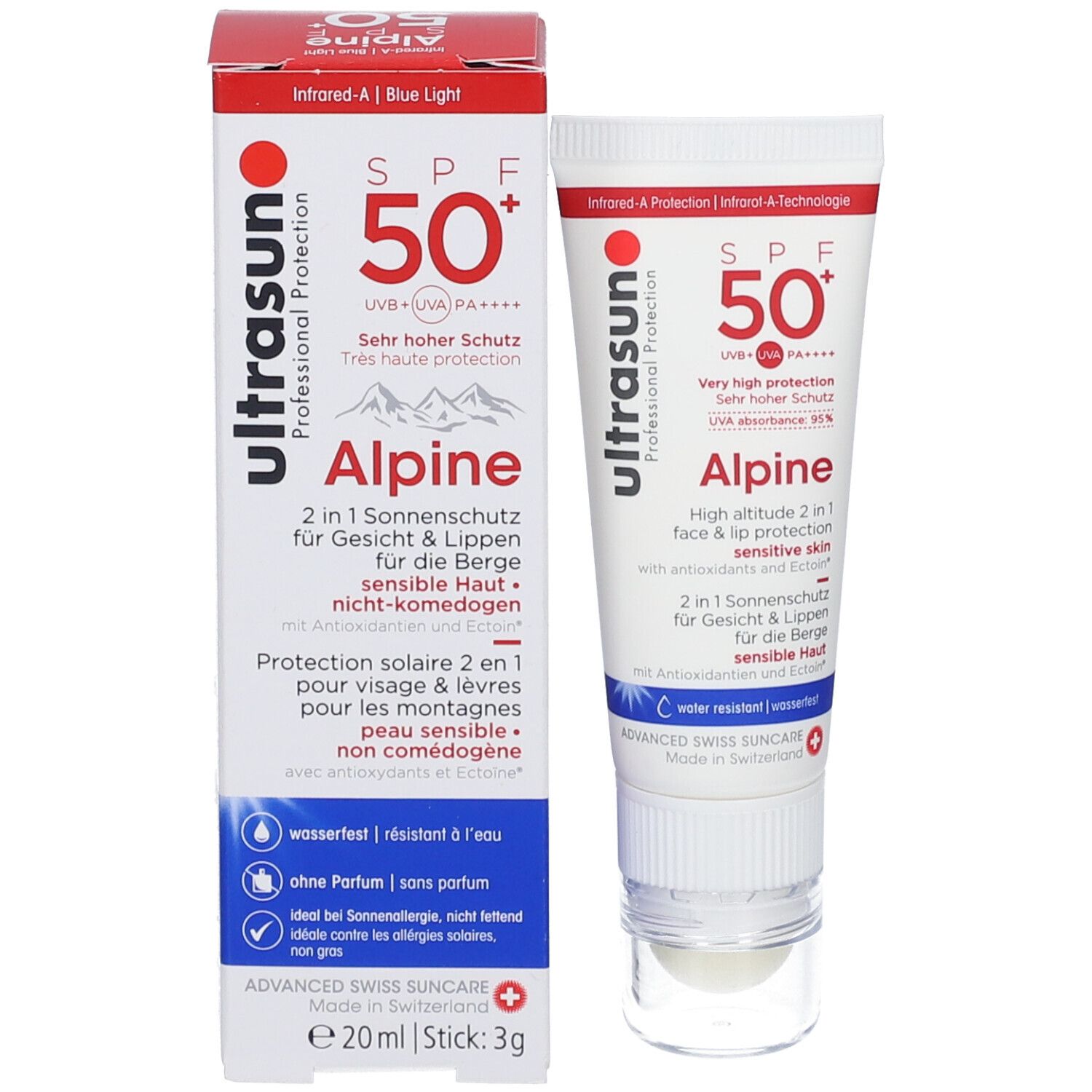 Zonnecrèmetube en verpakking. Merk: ultrasun. SPF 50+. Alpine. 2 in 1 bescherming. E20ml | Stick 3g.