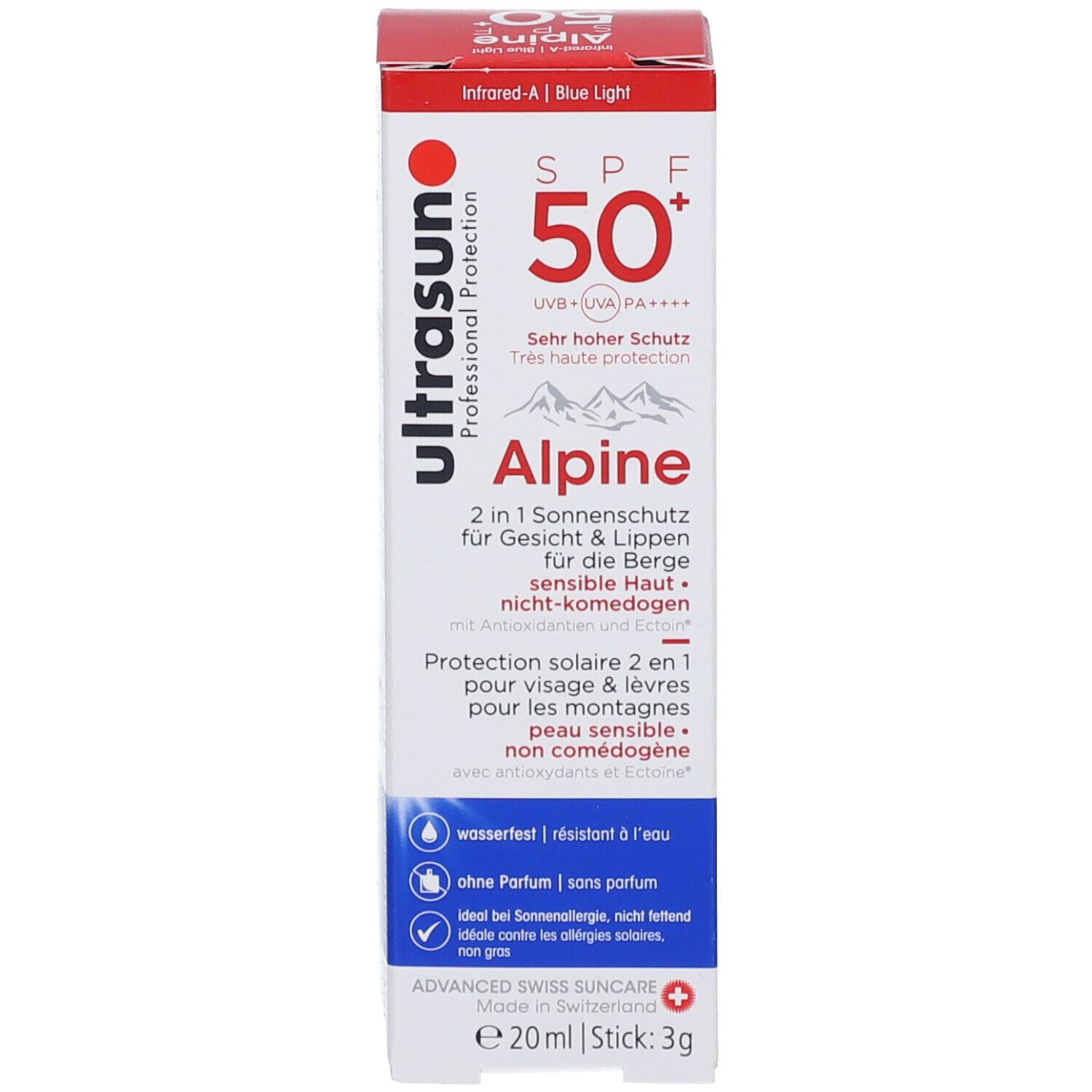 Verpakking van zonnecrème. Merk: ultrasun. SPF 50+. Alpine. 2 in 1 bescherming. E20ml | Stick 3g.