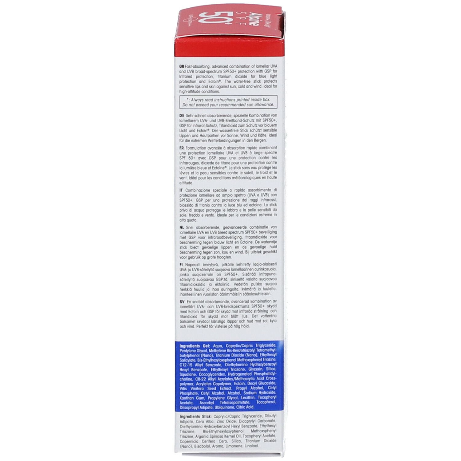 Verpakking van zonnecrème. Meertalige tekst. Merk: ultrasun. Ingrediënten.