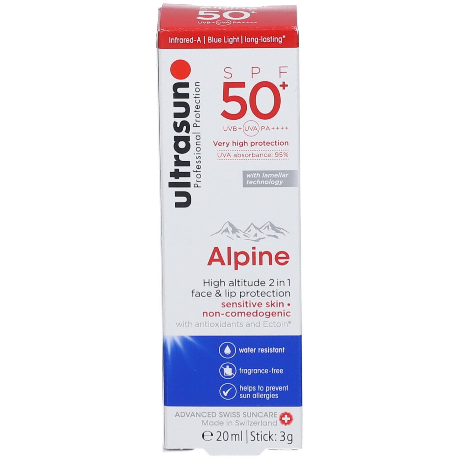 Zonnecrème verpakking. Merk: ultrasun. SPF 50+. Alpine. 2 in 1 bescherming. E20ml | Stick 3g.