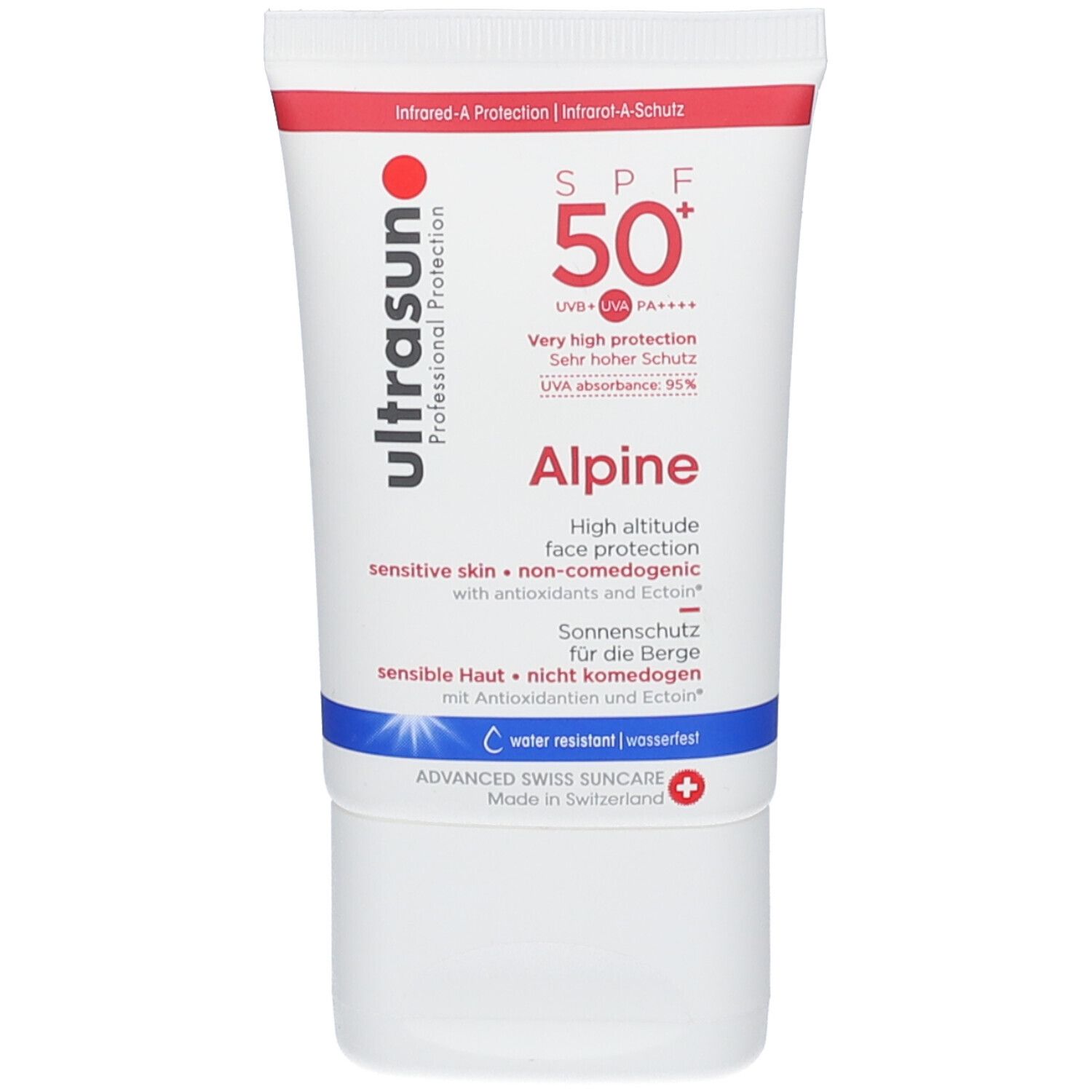 Ultrasun Alpine SPF 50+ zonnecrèmetube. Wit, rode dop, blauwe accenten. Tekst: SPF 50+, Alpine, voor gevoelige huid, waterbestendig.