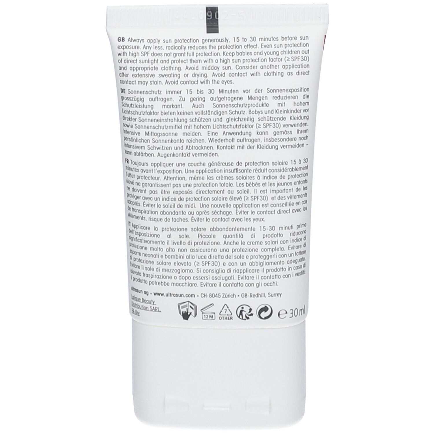 Achterkant van de ultrasun Alpine SPF 50+ zonnecrèmetube. Meertalige tekst: gebruiksaanwijzing, ingrediënten, contactgegevens.